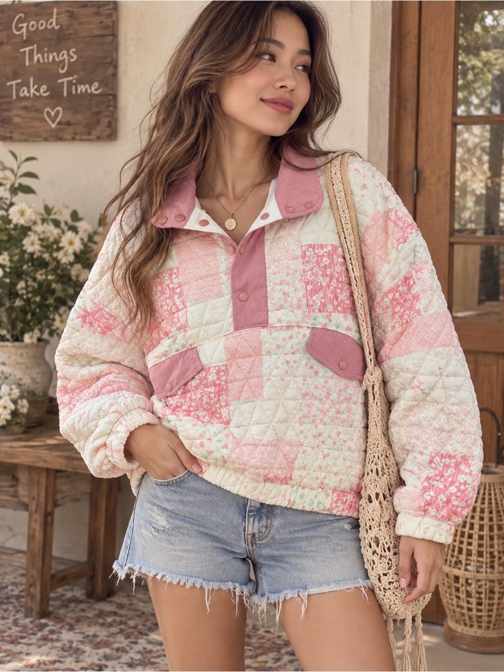 Veveret Pink Patchwork Quilted Pullover Jacket Size M Cottagecore Coquette